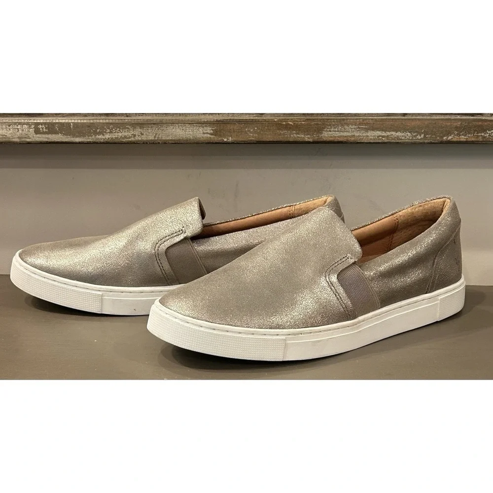 Frye Ivy Slip On Sneakers Size 8.5M Leather Shoes Pewter NWOB